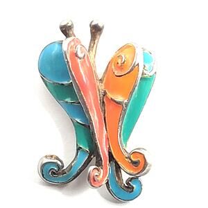 Vintage Butterfly Brooch Colorful Enamel Wings Silver Tone Pin